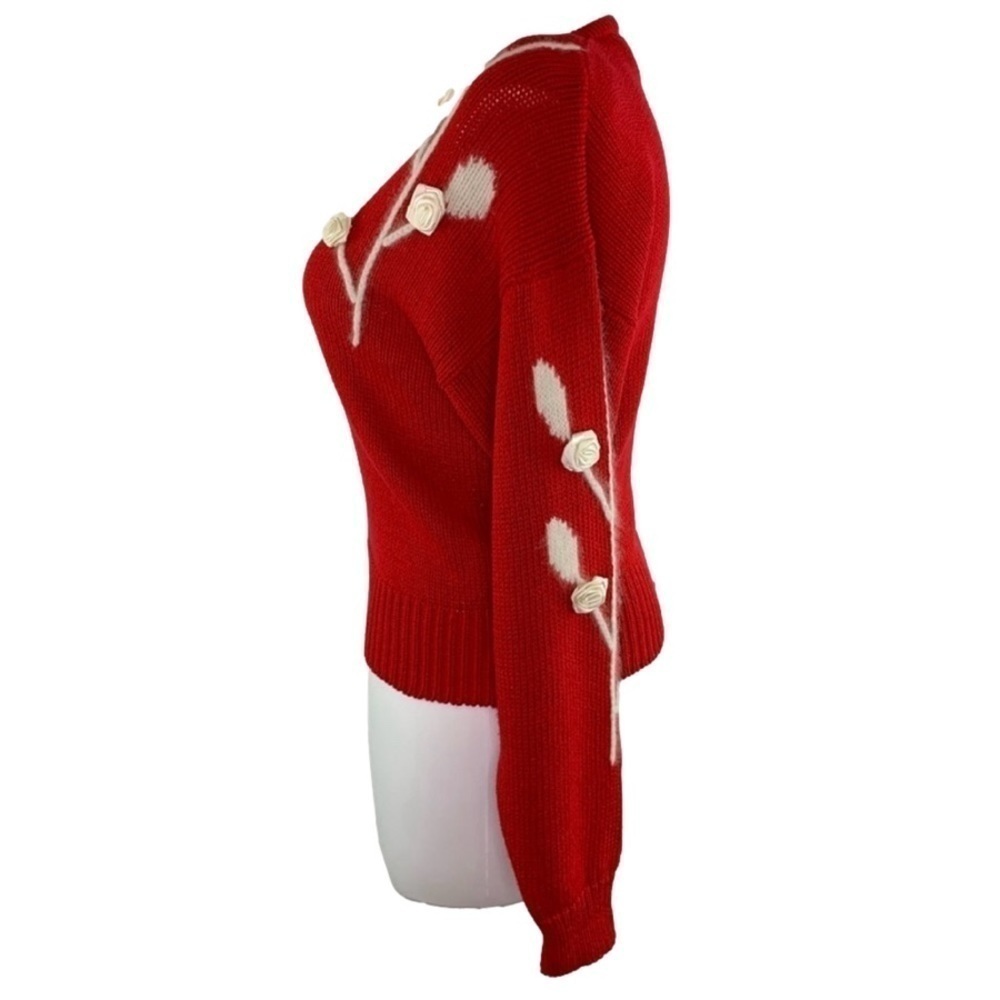 Christina Grant | Vintage Knit Angora Blend Rose Floral Accent V-Neck Sweater L - Picture 3 of 10